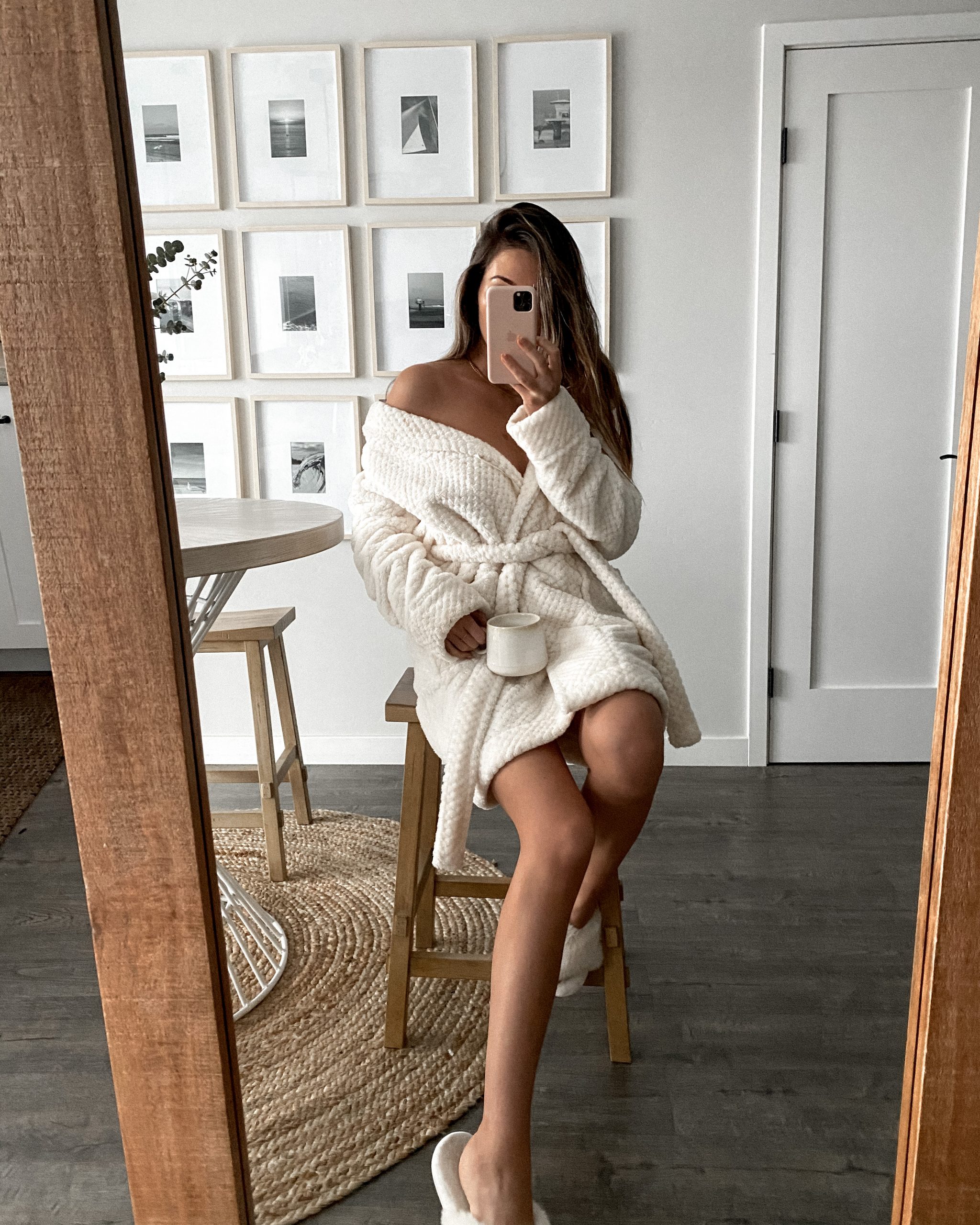 Shylah May in a robe with coffee